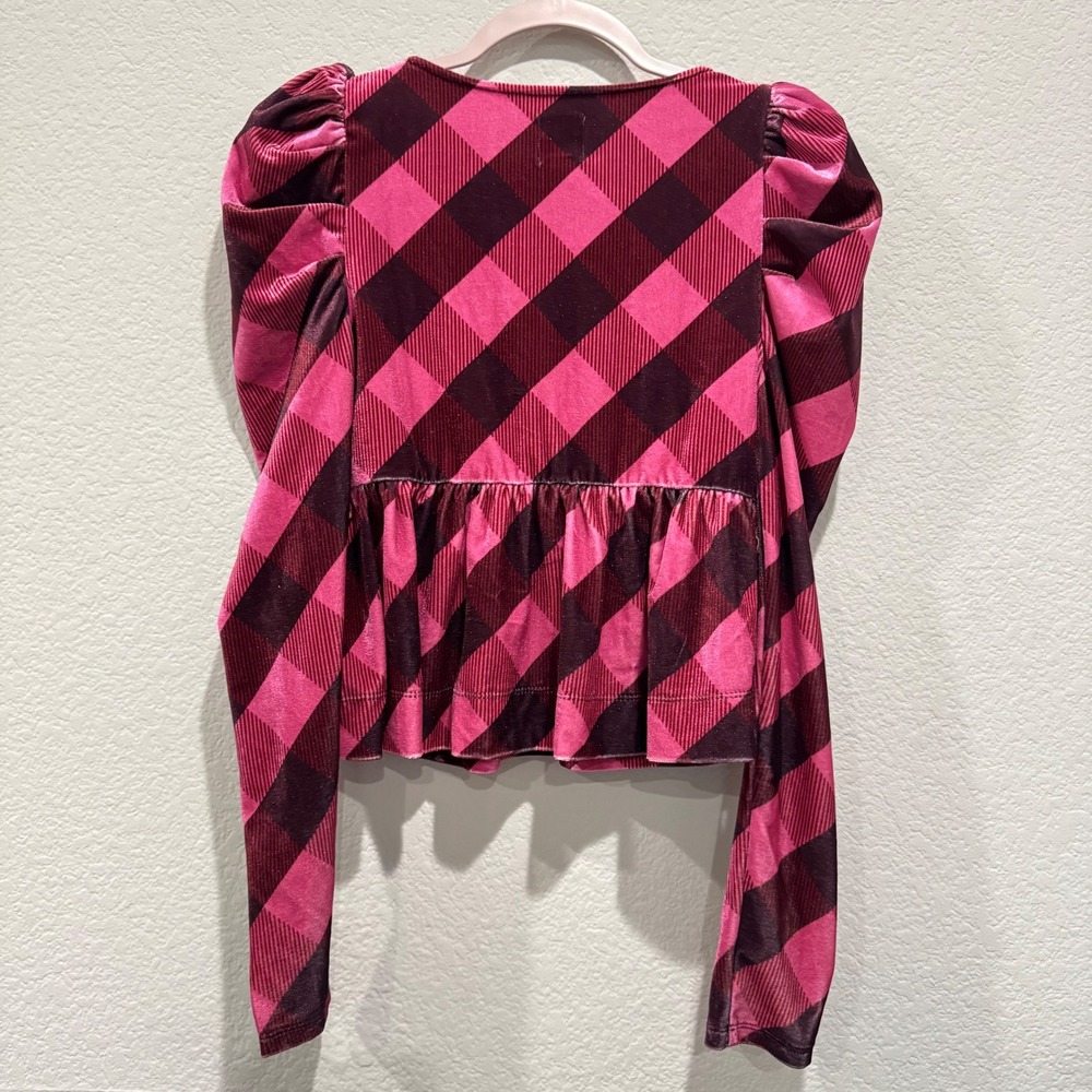 Maeve Anthropologie Velvet Plaid Peplum Top XS S Puff Long Sleeve Fall Burgundy - Picture 4 of 8